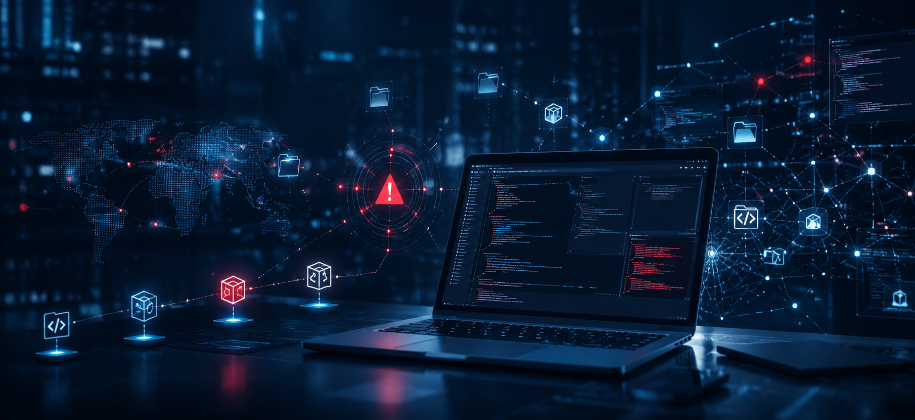 Imagem conceitual sobre incidente de segurança no GitHub, com notebook exibindo código, alerta digital e elementos de cibersegurança em ambiente corporativo.