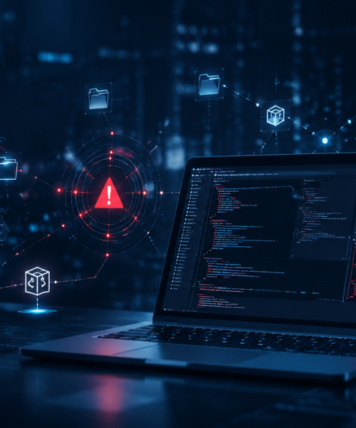 Imagem conceitual sobre incidente de segurança no GitHub, com notebook exibindo código, alerta digital e elementos de cibersegurança em ambiente corporativo.